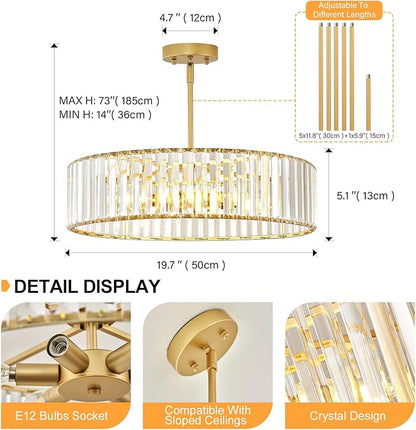 YURNYQ Glod Crystal Ceiling Light Fixture, Modern Semi Flush Chandelier, Round Hanging Lighting Chandeliers for Dining Room, Kitchen, Bedroom, 6-Light, 19.68 Inch