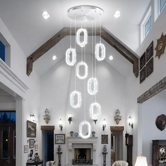 Silver 8-Ring Crystal Chandelier for Foyer Stairwell High Ceiling Chandelier Dimmable Oval Crystal Ring Pendant Light