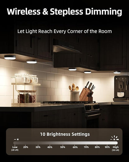 EZVALO Under Cabinet Lighting, 1000mAh Rechargeable Puck Lights with Remote, 3 Color Temps & 12 RGB Motion Sensor Closet Lights Indoor, Dimmable Under Counter Lights for Kitchen (Black, 6 Packs)