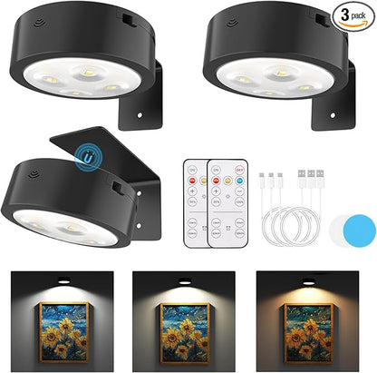 Narotood Picture Lights for Wall, Rechargeable Battery Magnetic Poster Lights with 3 Color Temps, Remote and Dimmable Timer Art Display Light for Picture Artworking Frame Portrait (3-Pack)