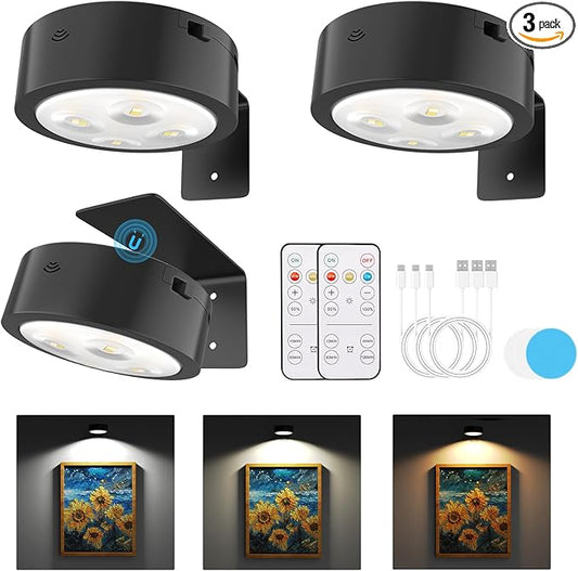 Narotood Picture Lights for Wall, Rechargeable Battery Magnetic Poster Lights with 3 Color Temps, Remote and Dimmable Timer Art Display Light for Picture Artworking Frame Portrait (3-Pack)