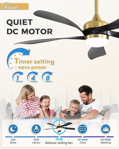 Sofucor 52 Inch Ceiling Fans with Lights and Remote, Outdoor Ceiling Fan with Light 6-Speed 3 CCT 3-Timer, Black Low Profile Ceiling Fan 5 Blade Reversible DC Motor for Living Room Bedroom Patio