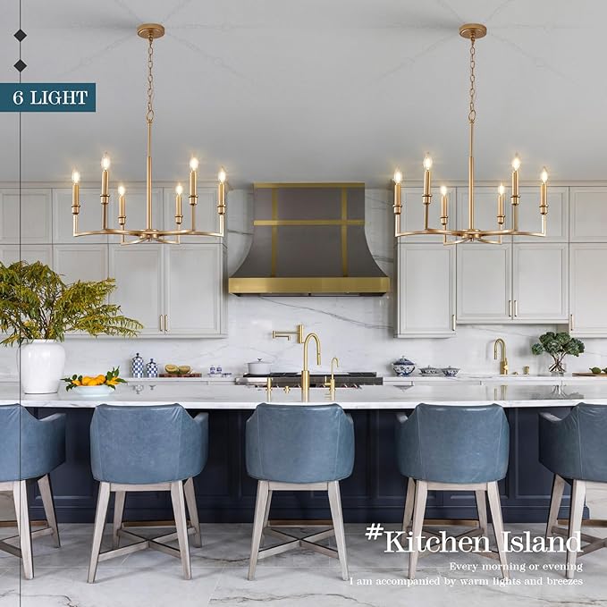 Gold Chandelier Light Fixture 6-Light Candle Dining Room Chandelier Lighting Over Table Vintage Brass Metal Chandeliers for Bedroom Kitchen Island Foyer Entryway, 26in