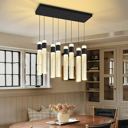 8-Lights Black Hanging Pendant Light for Kitchen Island Modern Dimmable LED Crystal Chandeliers for Dining Room Bedroom Living Room Over Table Adjustable Height