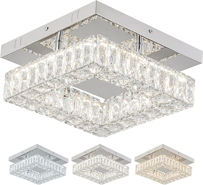 9.8" Modern Crystal Ceiling Light Fixture Mini Square Chandelier Flush Mount Light Fixture Ceiling Lamp for Small Hallway Foyer Entryway Bedroom, 3 Colors Adjustable