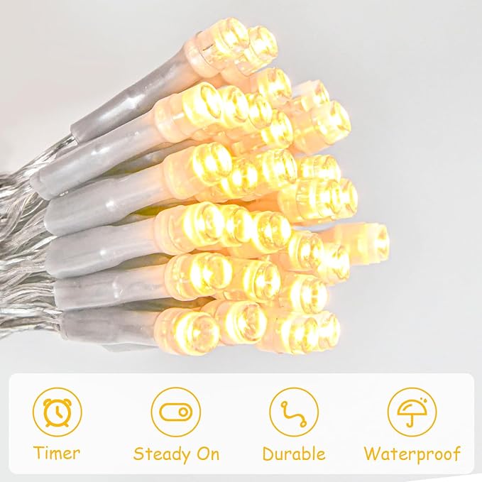 cshare String Lights Outdoor Waterproof 9.8ft 30 LED, Warm White Fairy Lights Battery Operated（Not Included） with Timer Clear Wire for Indoor & Outdoor Decorations Garland 2 Packs