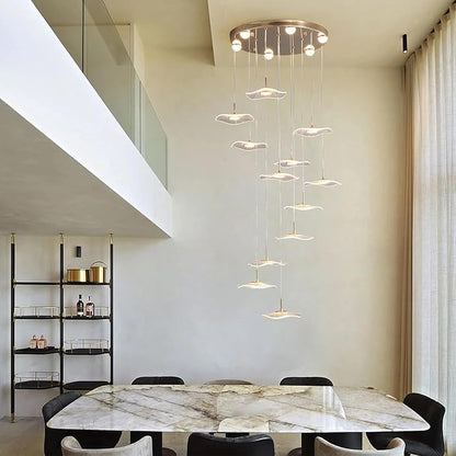 GEADI High Ceiling Chandelier,Petal Dimmable Modern LED Pendant Light with Remote Control,12-Light Height Adjustable Foyer Chandelier,Suitable for Staircase,Living Room,Entryway（Gold ）