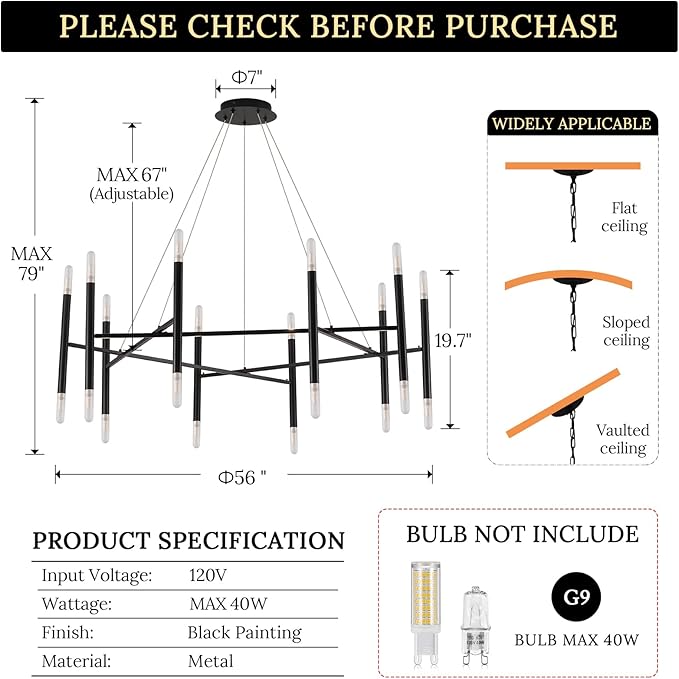 Modern Black Chandelier 56" Circle Round Light Fixture Large Dining Room Metal Chandelier Over Table 20 Light Contemporary Chandeliers Lights for Living Room Master Bedroom Foyer, G9
