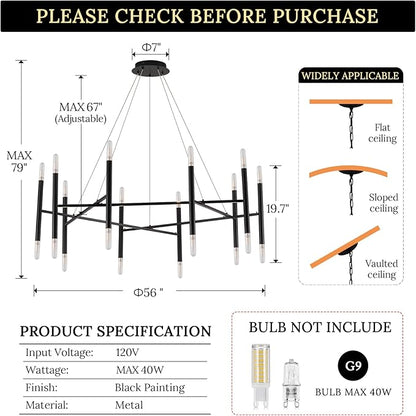 Modern Black Chandelier 56" Circle Round Light Fixture Large Dining Room Metal Chandelier Over Table 20 Light Contemporary Chandeliers Lights for Living Room Master Bedroom Foyer, G9