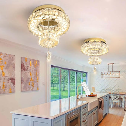 HAIXIANG Modern Glam Ceiling Chandelier Bedroom Light Fixtures Crystal Flat Sloping Ceiling Lights for Hallway Kitchen Dining Room Dimmable Light with Remote Gold