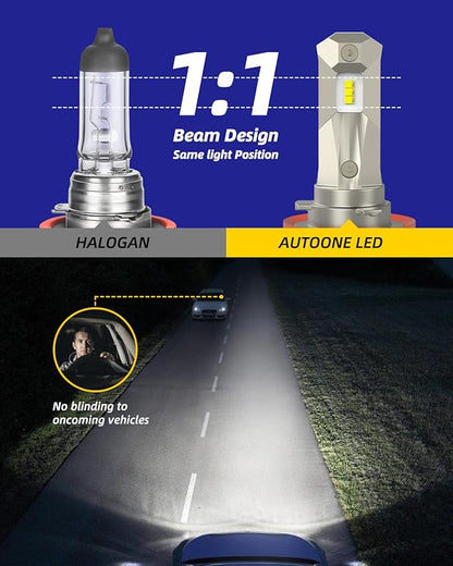 AUTOONE H11 LED Light Bulbs, 40,000LM 6X Ultra Bright 6000K Cool White, 1:1 Halogen Mini Size H8 H9, 60,000Hrs Lifespan, Plug and Play, Fog Light or Daytime Running Light, Pack of 2
