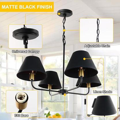 Kalium 4-Light Mid-Century Modern Chandelier, Black and Gold Farmhouse Chandeliers Hanging Dining Room Light Fixture with Fabric Shades for Kitchen Island, Living Room, Bedroom, Foyer