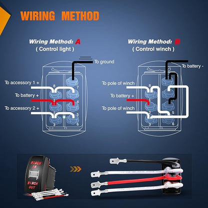 Nilight Winch Rocker Switch Momentary Toggle ON Off DPDT 7Pin 12V 24V Jumper Wires in Out Switches Red for Cars Trucks Caravans Boats