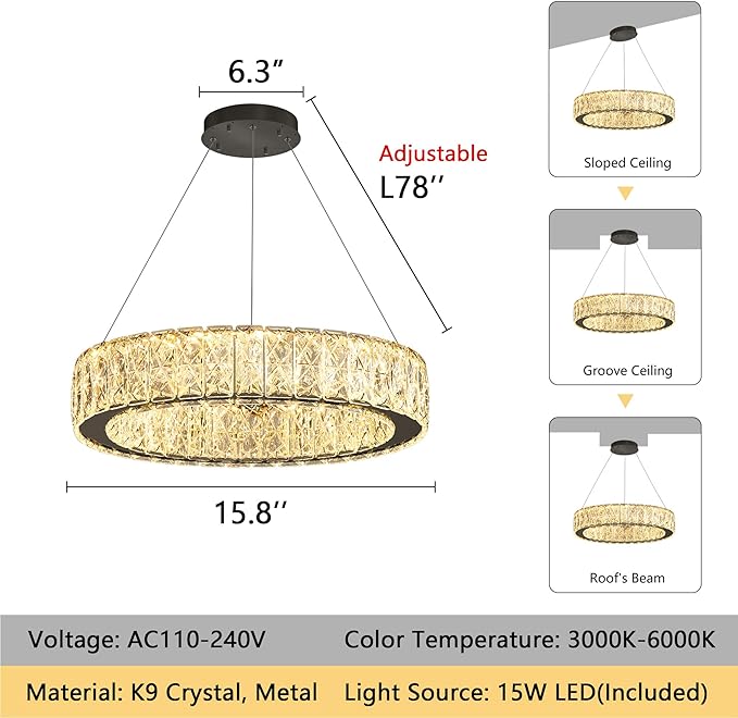 Modern Crystal Chandelier 15W LED Dimmable Lighting Fixture Adjustable Round Pendant Light for Dining Room Living Room Kitchen Bedroom Black
