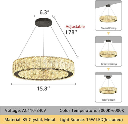 Modern Crystal Chandelier 15W LED Dimmable Lighting Fixture Adjustable Round Pendant Light for Dining Room Living Room Kitchen Bedroom Black