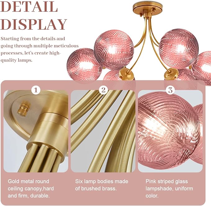 Modern Pink Chandelier 6-Lights Gold Ceiling Pendant Light with Striped Glass Shades Large Globe Chandelier Mid Century Flush Mount Ceiling Light Fixture for Dining Room Living Room