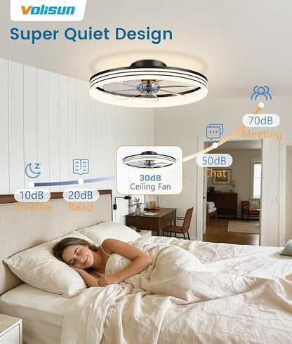 VOLISUN Low Profile Ceiling Fans with Lights and Remote, 20in Flush Mount Ceiling Fan with Light, 3000K-6500K Dimmable Fandelier LED Fan Light, Black Bladeless Ceiling Fans with Lights for Bedroom