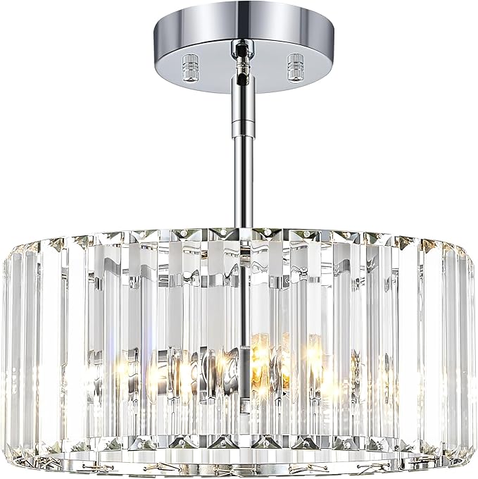 YURNYQ Chrome Crystal Chandelier, Small Modern Semi Flush Mount Ceiling Chandelier Light Fixtures, Round Hanging Lighting Fixture for Kitchen Bedroom Hallway Entryway Laundry Room, 3-Light, 11.8 Inch