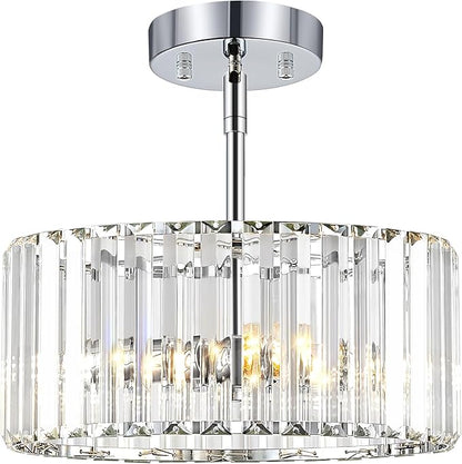 YURNYQ Chrome Crystal Chandelier, Small Modern Semi Flush Mount Ceiling Chandelier Light Fixtures, Round Hanging Lighting Fixture for Kitchen Bedroom Hallway Entryway Laundry Room, 3-Light, 11.8 Inch
