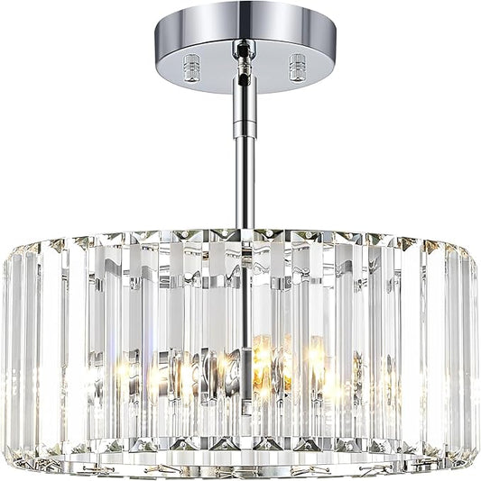 YURNYQ Chrome Crystal Chandelier, Small Modern Semi Flush Mount Ceiling Chandelier Light Fixtures, Round Hanging Lighting Fixture for Kitchen Bedroom Hallway Entryway Laundry Room, 3-Light, 11.8 Inch