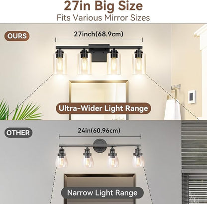 VerRon 4 Lights Bathroom Light Fixtures, Matte Black Modern Vanity Lights Over Mirror with Clear Glass Shades, Bathroom Wall Sconce for Mirror Living Room Cabinet Bedroom Porch