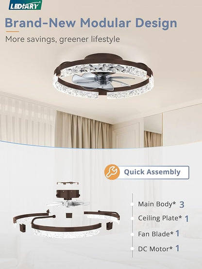 LEDIARY 20 Inch Low Profile Ceiling Fans with Lights and Remote, Fandelier Ceiling Fan Flush Mount, 3000K-6000K Dimmable LED Fan Light, Brown Modern Ceiling Fans with Lights for Bedroom