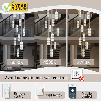 ykolupty Long Staircase Crystal Pendant Chandeliers 10-Lights Silver Column Crystal Chandeliers Foyer Entrance High Ceiling Hanging Chandelier 2700-6000k Dimmable Fixtures LED Big Chandeliers