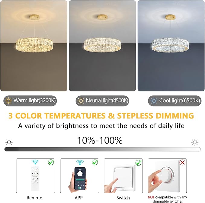 Modern Crystal Chandelier 15W LED Dimmable Lighting Fixture Adjustable Round Pendant Light for Dining Room Living Room Kitchen Bedroom Gold