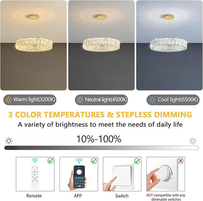 Modern Crystal Chandelier 15W LED Dimmable Lighting Fixture Adjustable Round Pendant Light for Dining Room Living Room Kitchen Bedroom Gold