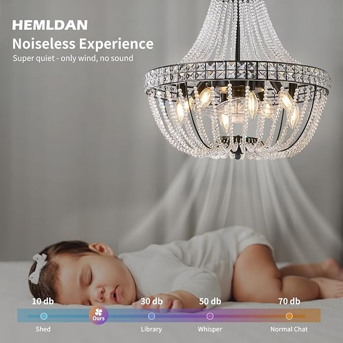 Modern Empire Crystal Chandelier Fan with 119 Square Crystal Accents, 64 Bead Strands, 7-Blade Invisible Fan, Ceiling Fan for Living Room, Bedroom, Dining Hall (Black, 20'' Modern Style)