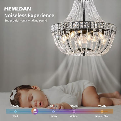 Modern Empire Crystal Chandelier Fan with 119 Square Crystal Accents, 64 Bead Strands, 7-Blade Invisible Fan, Ceiling Fan for Living Room, Bedroom, Dining Hall (Black, 20'' Modern Style)