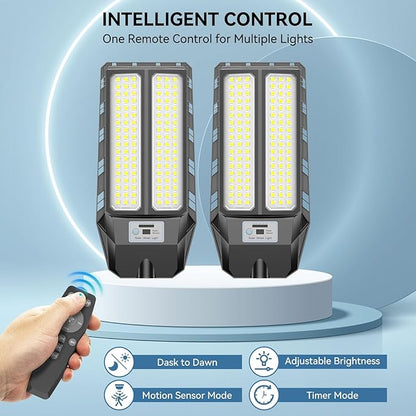 VOOJOY 5000W Solar Street Lights Outdoor, 7000K Solar Light Outdoor LED Street Light Dusk to Dawn, LED Wide Angle Lamp with Motion Sensor and Remote Control for Parking Lot, Yard, 3 Pack