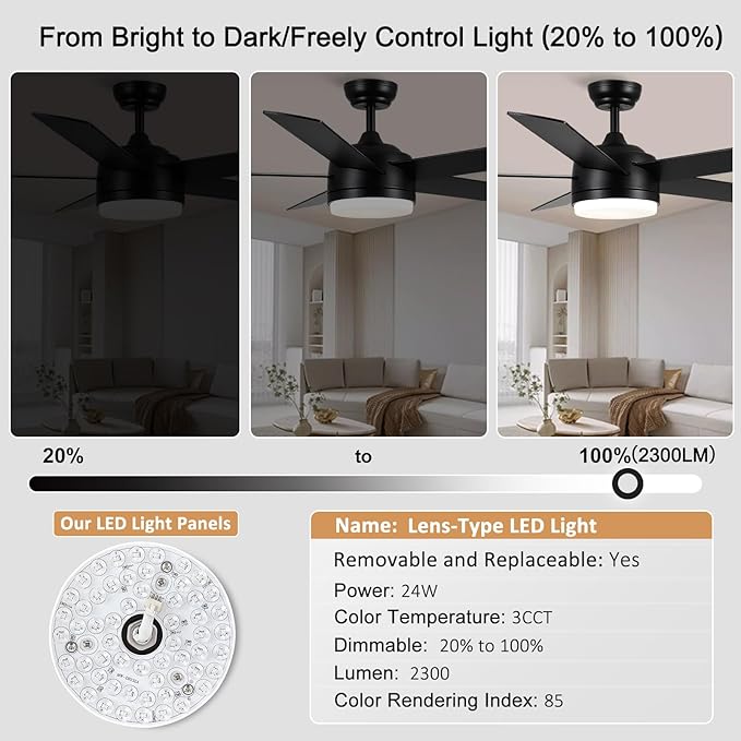 YUHAO 52 Inch Black Ceiling Fan with Light and Remote Control.Noiseless,Dimmable,3CCT,6 Speeds Reversible, DC Ceiling Fans for Indoor or Covered Outdoor Use.ETL Listed