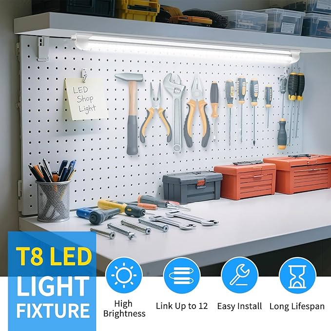 CNSUNWAY 2FT LED Shop Light, 22W 3300LM, 5000K Daylight T8 LED Light Fixture, V Shape, Linkable Shop Lights for Workbench, Garage, Workshop, Under Cabinet, ETL Listed (2-Pack)