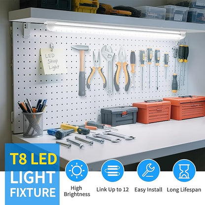CNSUNWAY 2FT LED Shop Light, 22W 3300LM, 5000K Daylight T8 LED Light Fixture, V Shape, Linkable Shop Lights for Workbench, Garage, Workshop, Under Cabinet, ETL Listed (2-Pack)