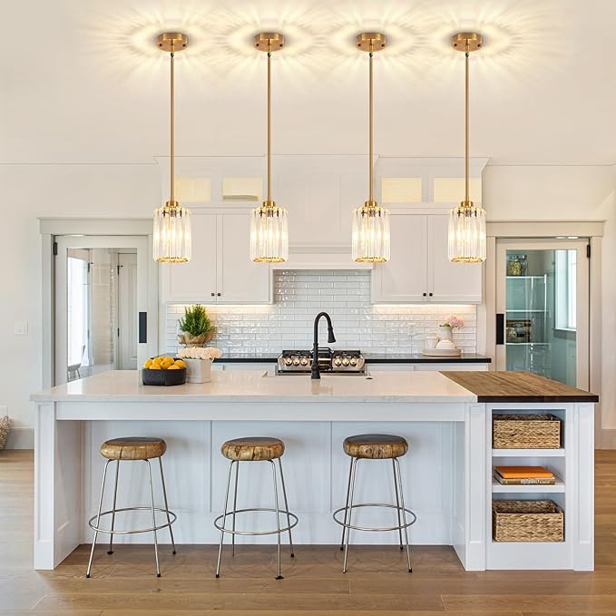 Brushed Gold Crystal Pendant Lights Kitchen Island, Modern Pendant Lighting Over Island Kitchen Hanging Light Fixtures Adjustable Mini Pendant Light for Dining Room Bathroom Entryway Hallway Foyer