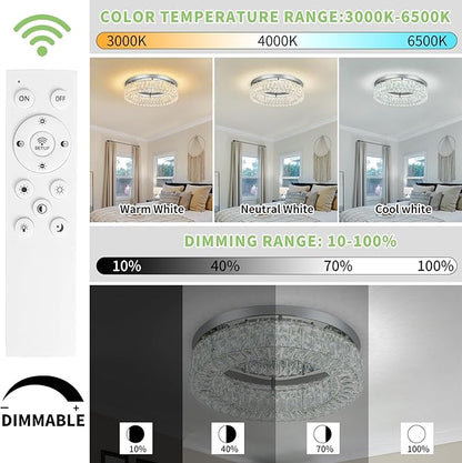 HOPGGIE 18" Dimmable Chandelier with Remote Control LED Ceiling Light Flush Mount Ceiling Light Fixtures Large Crystal Chandeliers Light for Living Room Bedroom Dining Room (dimmable)