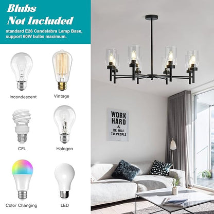 hesoge Black 8-Light Large Modern Chandelier,Clear Glass Metal Ceiling Light Fixture，Farmhouse Pendant Hanging for Kitchen Dining Room Living Room Bedroom.