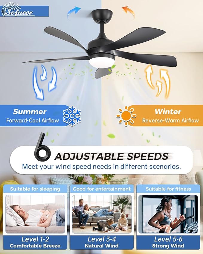 Sofucor 45" Smart Ceiling Fan, Indoor/Outdoor Black Ceiling Fans with Lights and Remote, Works with Alexa/Google/App, 3-Color Light 6-Speed Timing Reversible DC Motor for Bedroom Living Room Patio