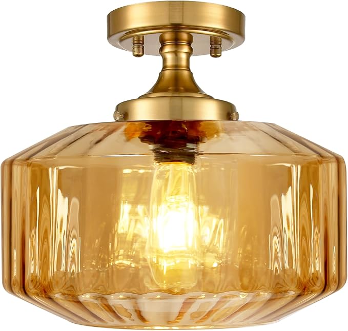 2-Pack Amber Glass Semi Flush Mount Ceiling Light, 11.02" Mid Century Modern Gold Close to Ceiling Light Fixtures, Farmhouse Flush Mount Lamps for Bedroom Hallway Kitchen Entryway Foyer
