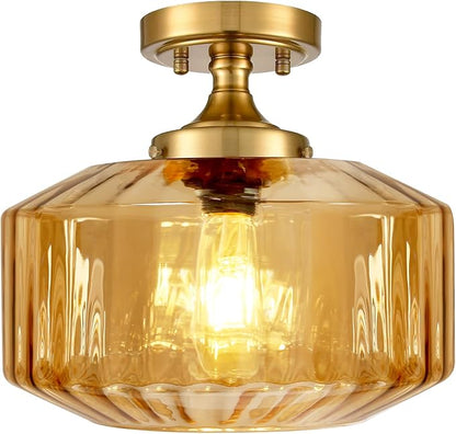 2-Pack Amber Glass Semi Flush Mount Ceiling Light, 11.02" Mid Century Modern Gold Close to Ceiling Light Fixtures, Farmhouse Flush Mount Lamps for Bedroom Hallway Kitchen Entryway Foyer
