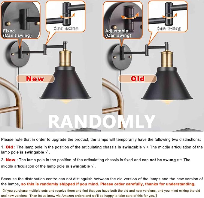 Swing Arm Wall Lamp Plug-in Cord Industrial Wall Sconce, Bronze and Black Finish,with On/Off Switch, E26 Base,1-Light Bedroom Wall Lights Fixtures,Bedside Reading Lamp