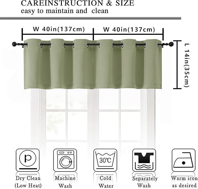 Simplebrand Sage Green Window Valance for Kitchen 14 Inches Long 2 Panels Set, Room Darkening Valance Curtains for Living Room, Grommet Short Privacy Kitchen Curtains for Bedroom Kids Room, 40Wx14L