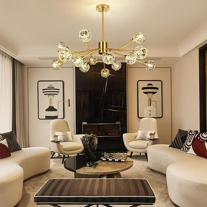 Weesalife Sputnik Chandeliers for Dining Room Light Fixtures,Modern Crystal Chandeliers for Living Room,15 Lights Gold Mid Century Brass Lighting Fixtures for Kitchen Island Bedroom Entryway