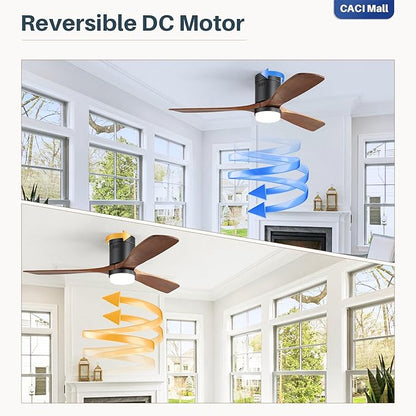 CACI Mall 52 Inch Wood Flush Mount Ceiling Fan with Lights, 3 Blades, Low Profile, Modern, 3CCT, Dimmable, Noiseless, Remote Contral, Outdoor Indoor Ceiling Fans for Bedroom/Farmhouse/Patio
