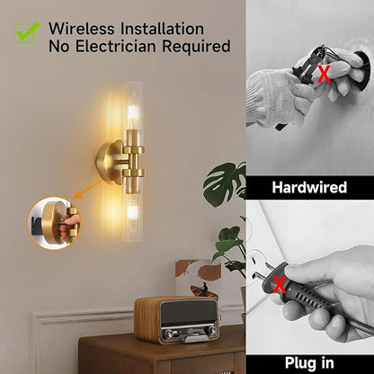 Battery Operated Wall Sconces Set of 2, 330° Rotation 3000K-6000K Dimmable Wireless Wall Sconce with Clear Glass Gold 10400mAh USB Rechargeable Wall Lights with Remote Bulbs Included 2 Pack