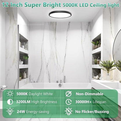 Brightever Black LED Flush Mount Ceiling Light, 12 Inch 3200LM, 240W Equivalent Hallway Light Fixtures, 5000K Daylight White 0.67 Inch Thickness Light Fixture Ceiling Mount, Non-Dimmable, 4 Packs