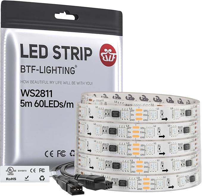 BTF-LIGHTING WS2811 IC=RGB+IC Addressable Color RGB LED Strip,16.4FT 60LED/m 10Pixels/m,IP67 White PCB,UL Listed,Flexible DC12V Chasing Effect for Indoor Home Decor(No Adapter or Controller)