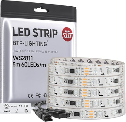 BTF-LIGHTING WS2811 IC=RGB+IC Addressable Color RGB LED Strip,16.4FT 60LED/m 10Pixels/m,IP67 White PCB,UL Listed,Flexible DC12V Chasing Effect for Indoor Home Decor(No Adapter or Controller)