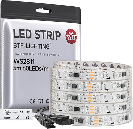 BTF-LIGHTING WS2811 IC=RGB+IC Addressable Color RGB LED Strip,16.4FT 60LED/m 10Pixels/m,IP67 White PCB,UL Listed,Flexible DC12V Chasing Effect for Indoor Home Decor(No Adapter or Controller)